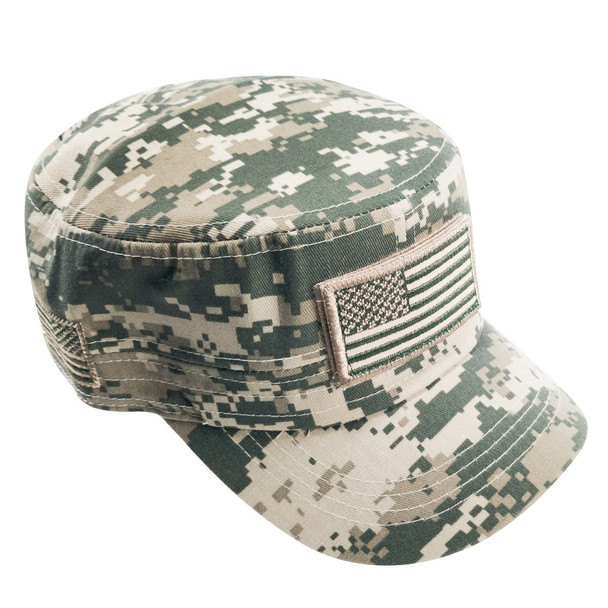 Military Style Flat Top Cadet Patrol Cap  - USA Flag Patch - ACU Digital Camo