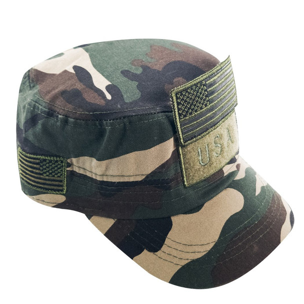 Military Style Flat Top Cadet Patrol Cap  - USA Flag Patch - Woodland Camo