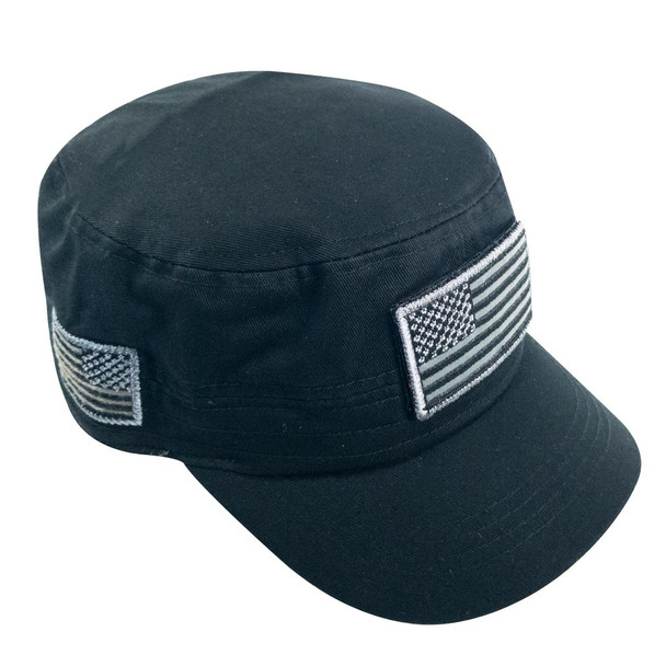 Military Style Flat Top Cadet Patrol Cap  - USA Flag Patch - Black