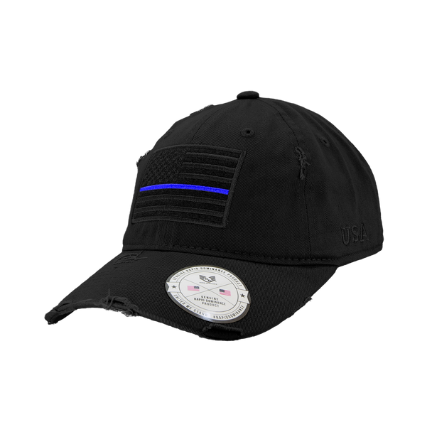 A18 - Vintage Thin Blue Line Cap - Distressed Cotton - Relaxed Fit - Black