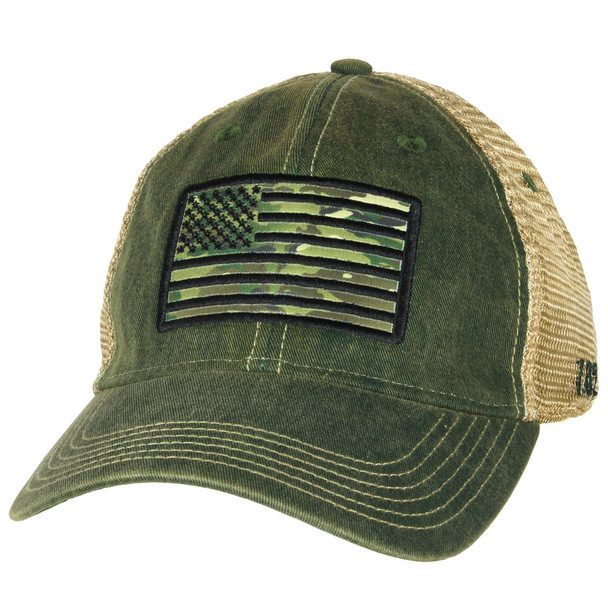 7.62 Design - Woodland Camo US Flag Cap - Cotton/Soft Mesh - Washed Olive Green