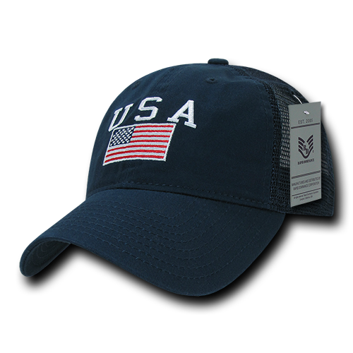 A05 USA Flag Cap Relaxed Cotton Trucker Mesh Dark Blue