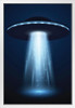 Alien UFO Spaceship with Light Beam Moody Photo Poster Abduction Blue Background Fantasy Scifi White Wood Framed Art Poster 14x20