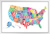 United States of America Word Map US Map with Cities in Detail Map Posters for Wall Map Art Wall Decor Country Illustration Tourist Travel Destinations Colorful White Wood Framed Art Poster 14x20