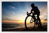 Cyclist Silhouette Biking On The Beach Sunrise Photo sunset pacific ocean wave surf sand cycling dawn sunset water tranquil exercising racing riding bicycle White Wood Framed Art Poster 20x14