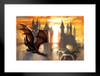 Sunset Over Castle Flying Dragon by Ciruelo Artist Painting Fantasy Matted Framed Wall Decor Art Print 20x26