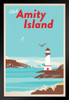 Visit Amity Island Massachusetts Fantasy Travel Retro Vintage Shark Fin Shark Attack Lighthouse Beach Black Wood Framed Poster 14x20