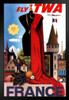 Visit France Paris Fly TWA Eiffel Tower French Flag Fashion Vintage Illustration Travel Art Print Stand or Hang Wood Frame Display Poster Print 9x13