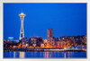 Downtown Seattle Skyline at Night Space Needle Photo Photograph White Wood Framed Poster 20x14
