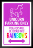 Unicorn Parking Only Unicorn Violators Turned Into Rainbows Sign For Girls Bedroom Purple Black Wood Framed Art Poster 14x20