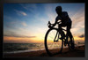 Cyclist Silhouette Biking On The Beach Sunrise Photo sunset pacific ocean wave surf sand cycling dawn sunset water tranquil exercising racing riding bicycle Black Wood Framed Art Poster 20x14