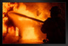 Firefighter Directing Water Onto A Nighttime House Fire Photo Art Print Black Wood Framed Poster 20x14