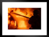 Firefighter Directing Water Onto A Nighttime House Fire Photo Matted Framed Art Print Wall Decor 26x20 inch