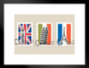 European Landmark Stamps Big Ben Eiffel Tower Flag Art Print Matted Framed Wall Art 26x20 inch
