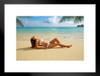 Asian Woman Beauty Laying On Tropical Sandy Beach Matted Framed Art Print Wall Decor 26x20 inch