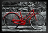 Retro Vintage Red Bike Leaning Against Block Wall Black And White Photo b&w bicycle old fashioned cycle tricycle chain pedal transportation stone brick Black Wood Framed Art Poster 20x14