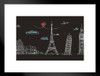 European Landmarks London Rome Paris Chalkboard Sketch Art Matted Framed Wall Art Print 26x20 inch