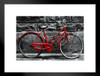 Retro Vintage Red Bike Leaning Against Block Wall Black And White Photo b&w bicycle old fashioned cycle tricycle chain pedal transportation stone brick Matted Framed Art Wall Decor 26x20