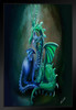 Green and Blue Dragon Cuddling Pair by Rose Khan Fantasy Poster Loving Dragons Embrace Black Wood Framed Art Poster 14x20