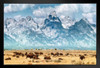 Herd of Bison Buffalo Grazing Near Grand Teton Mountains Wyoming Snow Covered Mountain Range Photo Photograph Landscape Stand or Hang Wood Frame Display 9x13