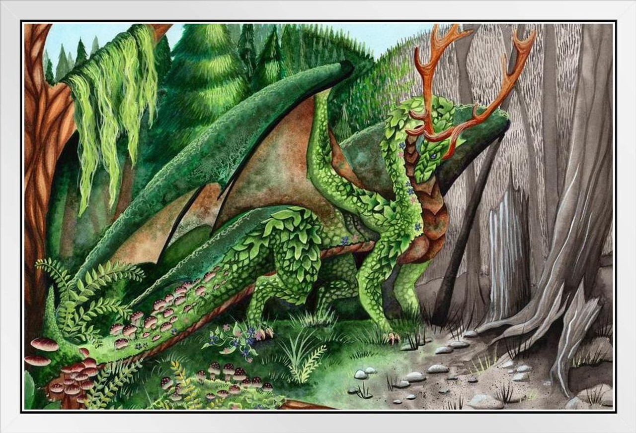 Life dragon by Carla Green Forest Trees Nature Fantasy White Wood Framed Poster 14x20 - Poster