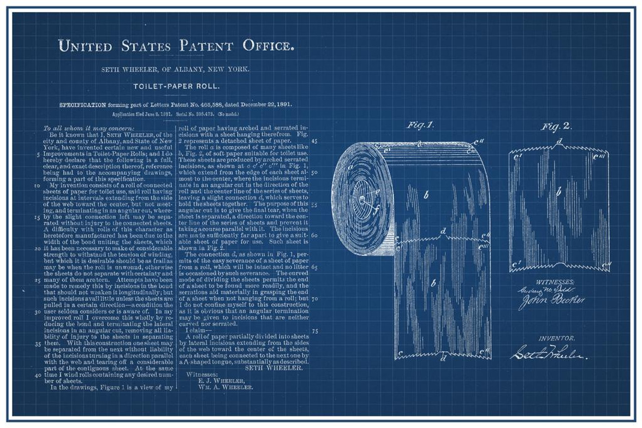 Toilet Paper Roll Official Patent Blueprint Thick Paper Sign Print