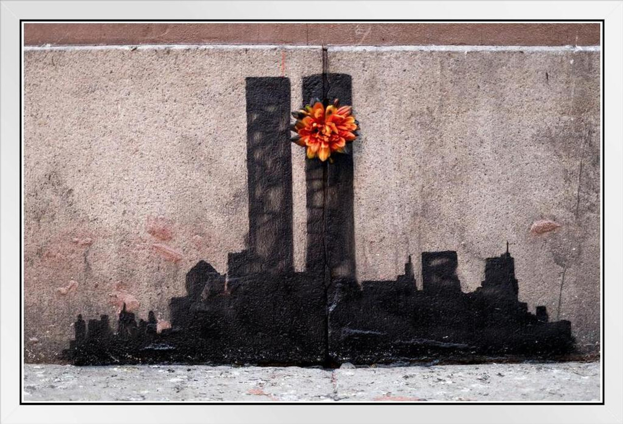 Banksy Twin Towers Tribute Street Art Banksy Canvas Print Bansky Modern Art  Grafitti Canvas Wall Art Street Art Prints Graffiti Art Wall Art Canvas  Love Decor White Wood Framed Art Poster 20x14 