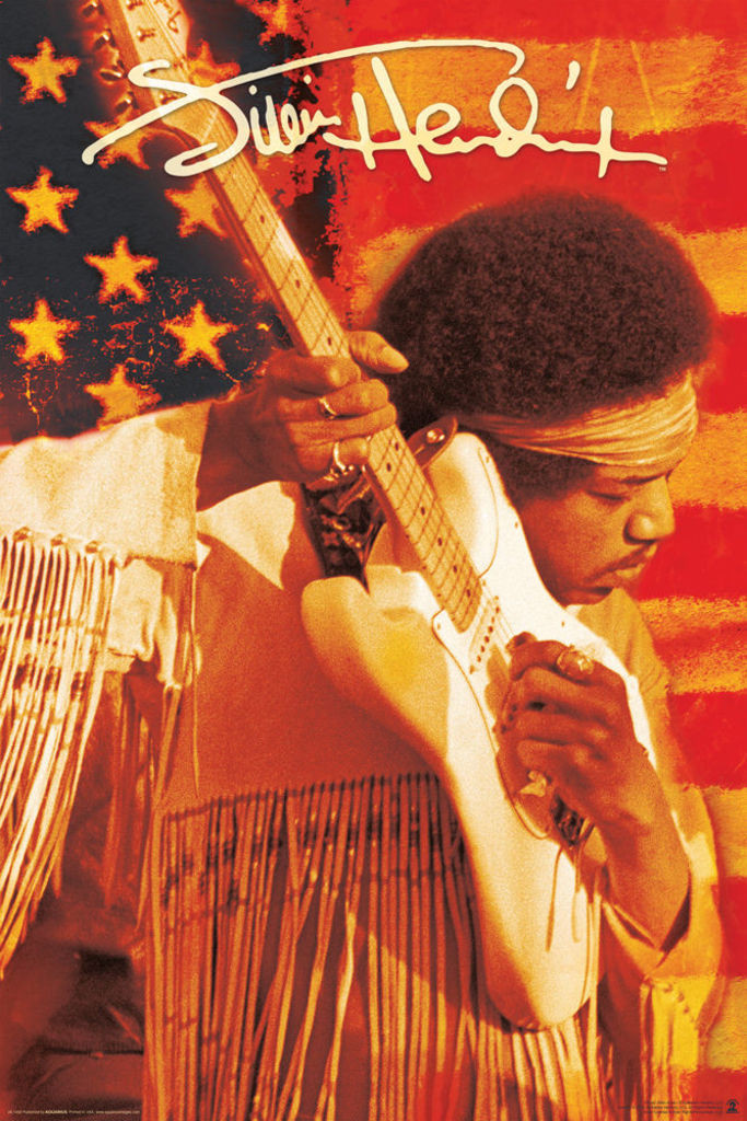 Jimi Hendrix Playing Guitar American Flag Star Spangled Banner USA