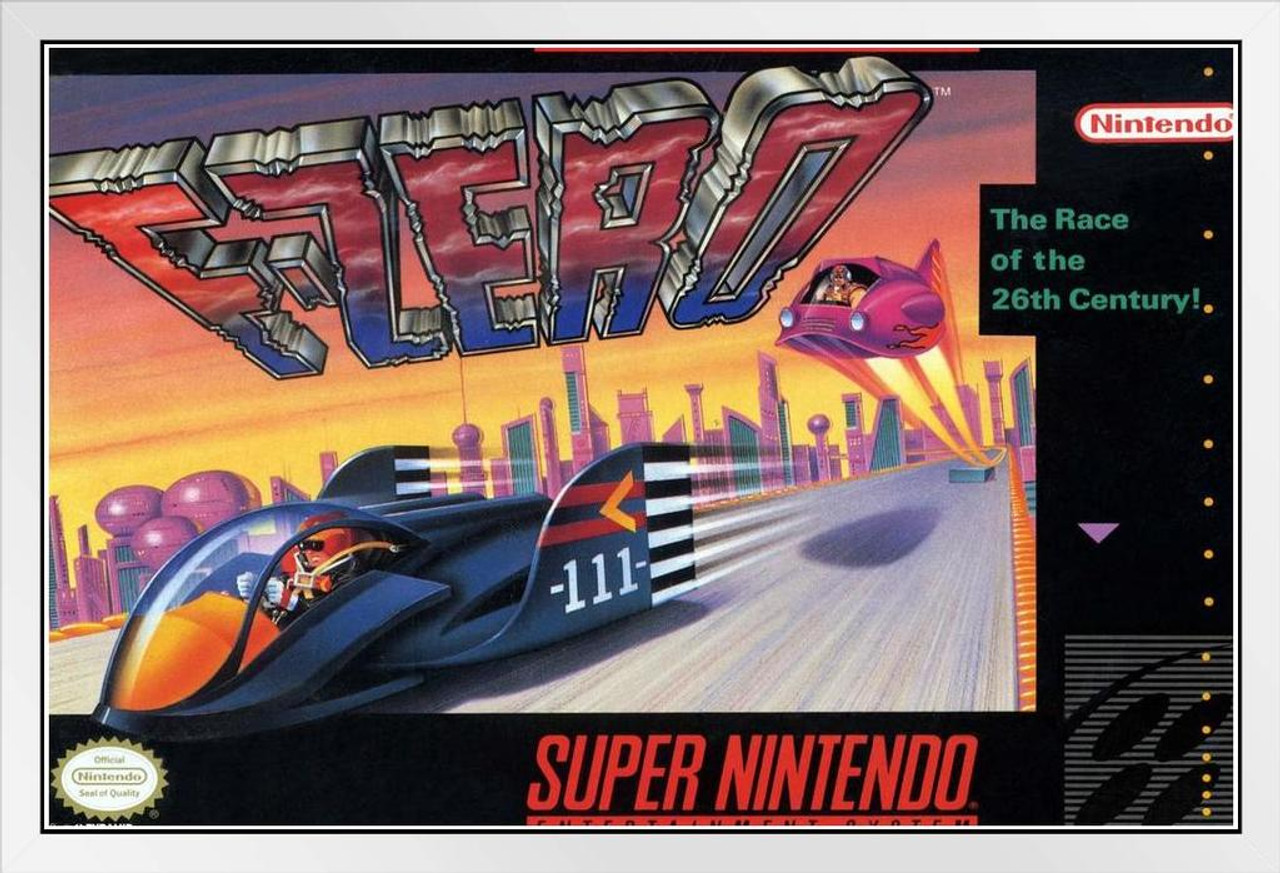 F Zero Super EAD Futuristic Racing Video Game Arcade Box Art Series Print  White Wood Framed Poster 14x20