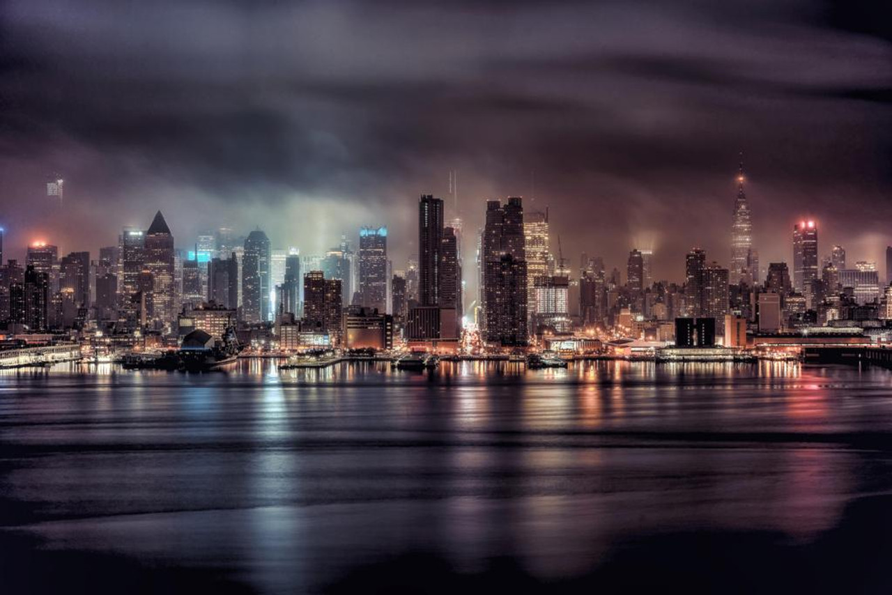 A Gotham Night Stormy New York City NYC Skyline Photo Print Stretched  Canvas Wall Art 24x16 inch