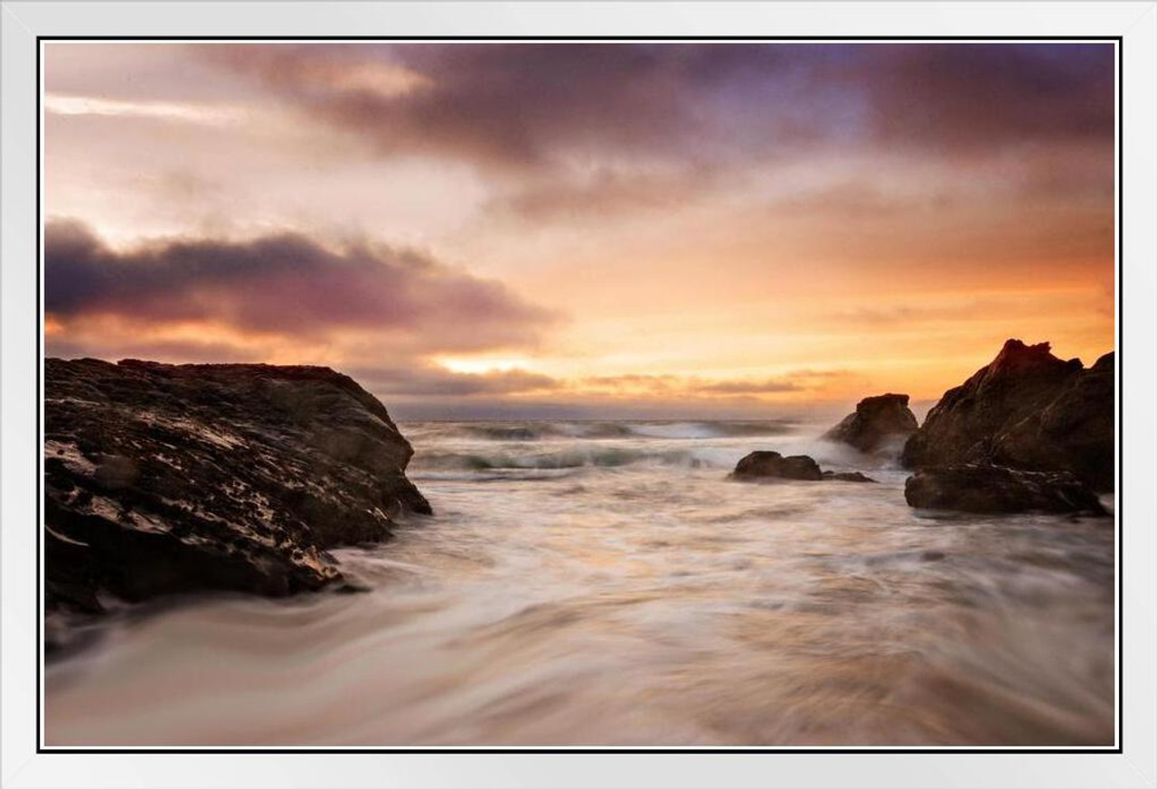 Foam Rocks and Sunset at Moonstone Beach Photo Photograph White Wood Framed  Poster 20x14 - Poster Foundry
