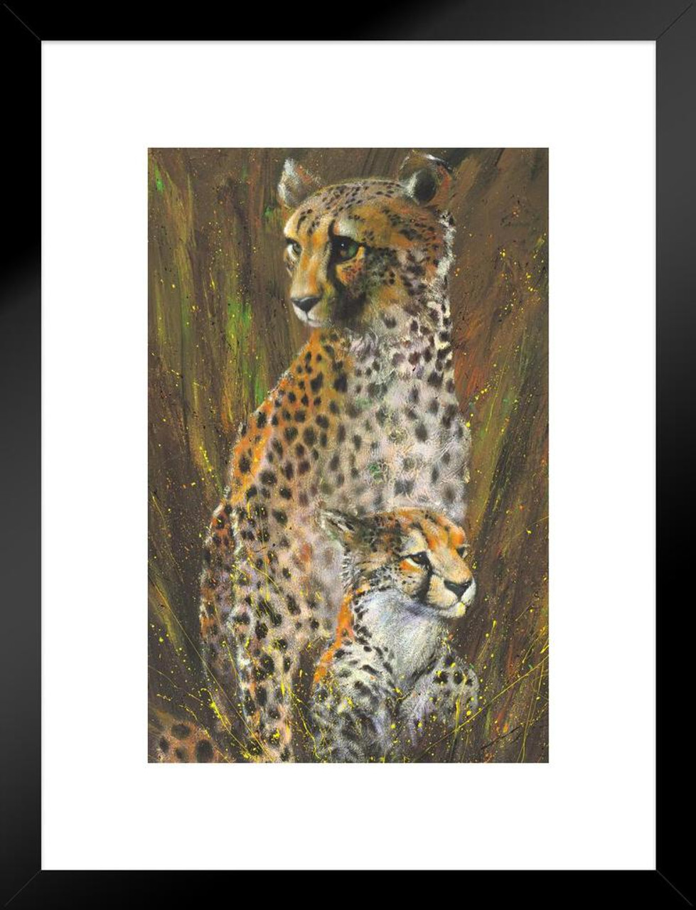 Mother Child Baby Cheetah Wild Animal Artistic Painting by Stephen Fishwick  Art Matted Framed Wall Decor Art Print 20x26 - Poster Foundry