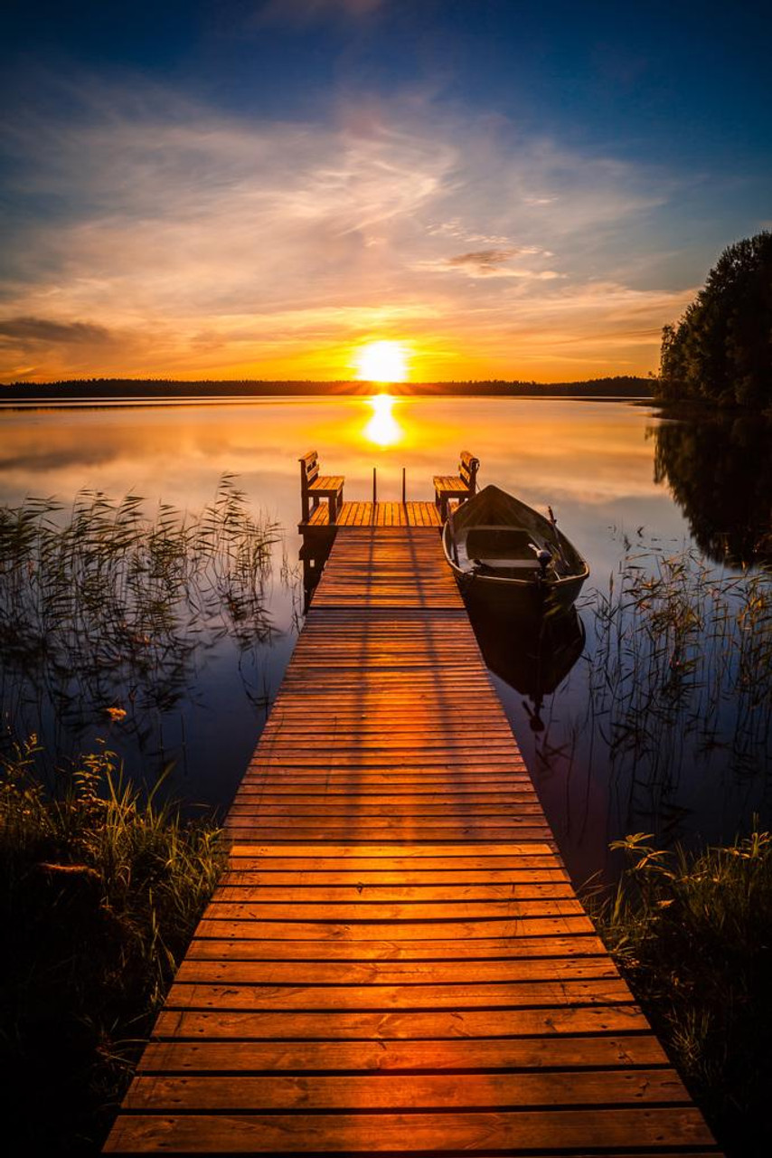Laminated Sunset Over The Fishing Pier At Finland Lake Photo