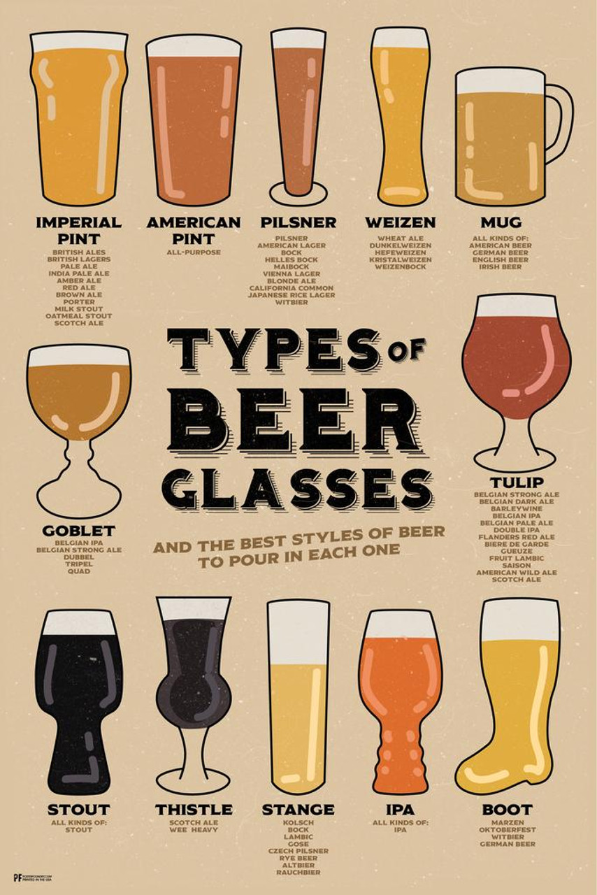 Laminated Types of Beer Glasses and Styles of Beer Reference Guide Chart  Home Bar Decor Pub Decor IPA Beer Mug Pint Glass Beer Sign Porter Stout Ale  Beer Stein Brewing Poster Dry