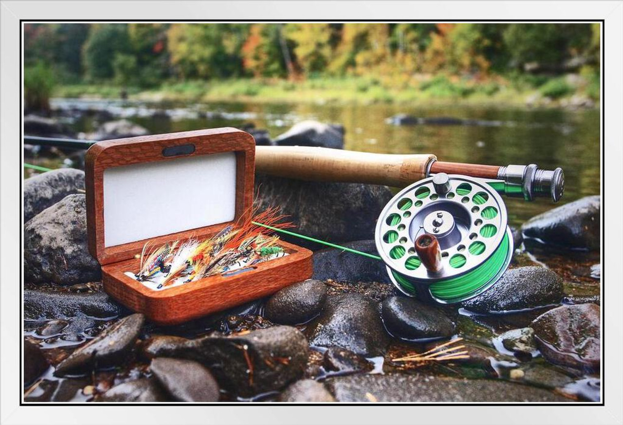 Trout Salmon Fly Fishing Gear Riverbank Photo Poster Sports Nature Outdoors  Photograph Stream Rod Reel White Wood Framed Art Poster 20x14 - Poster  Foundry