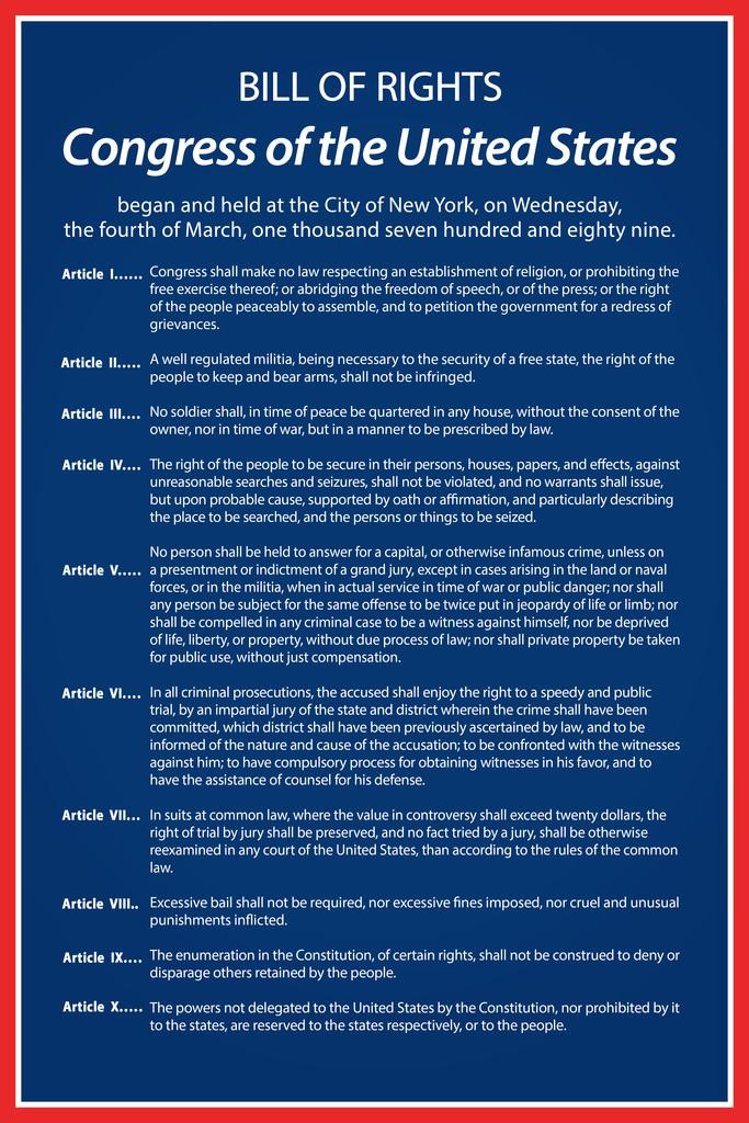 Bill of rights of the united states of america historical document readable  blue color historical american patriotic cool wall art print poster 16x24 -  poster foundry