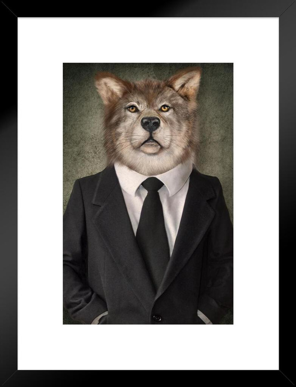 Wolf In Business Suit Head Wearing Human Clothes Funny Parody Animal Art  Photo Matted Framed Wall Decor Art Print 20x26