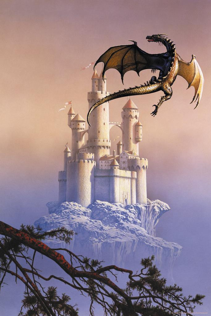 Flying Dragon Over Castle On Mountain Hill by Ciruelo Fantasy