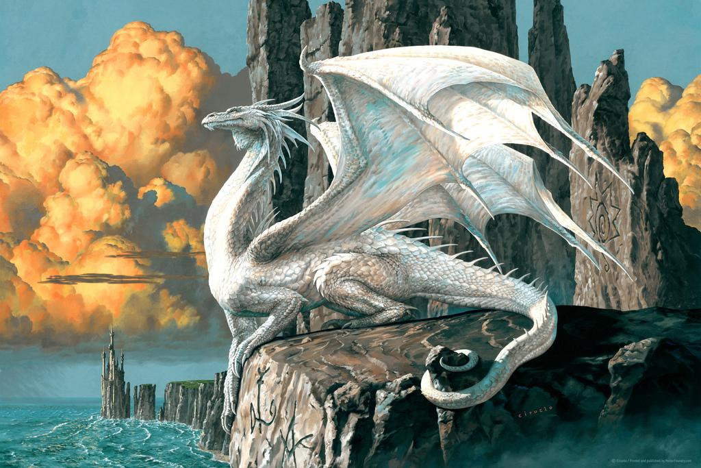 Laminated Hobsyllwin White Dragon Sitting On Ocean Cliff by