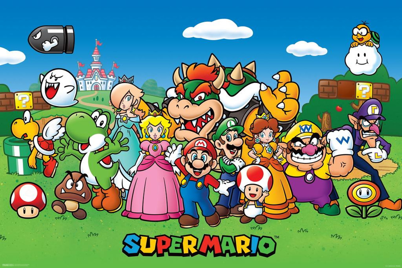 Super Mario Bros Nintendo Platform Video Game Group Characters Mario Luigi  Princess Stretched Canvas Art Wall Decor 24x16 - Poster Foundry