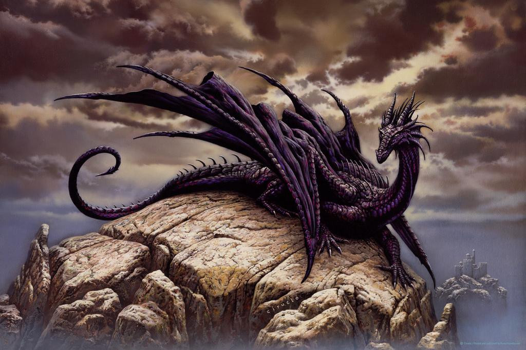 Dark Dsurion Dragon by Ciruelo Sitting On Rock Fantasy Painting
