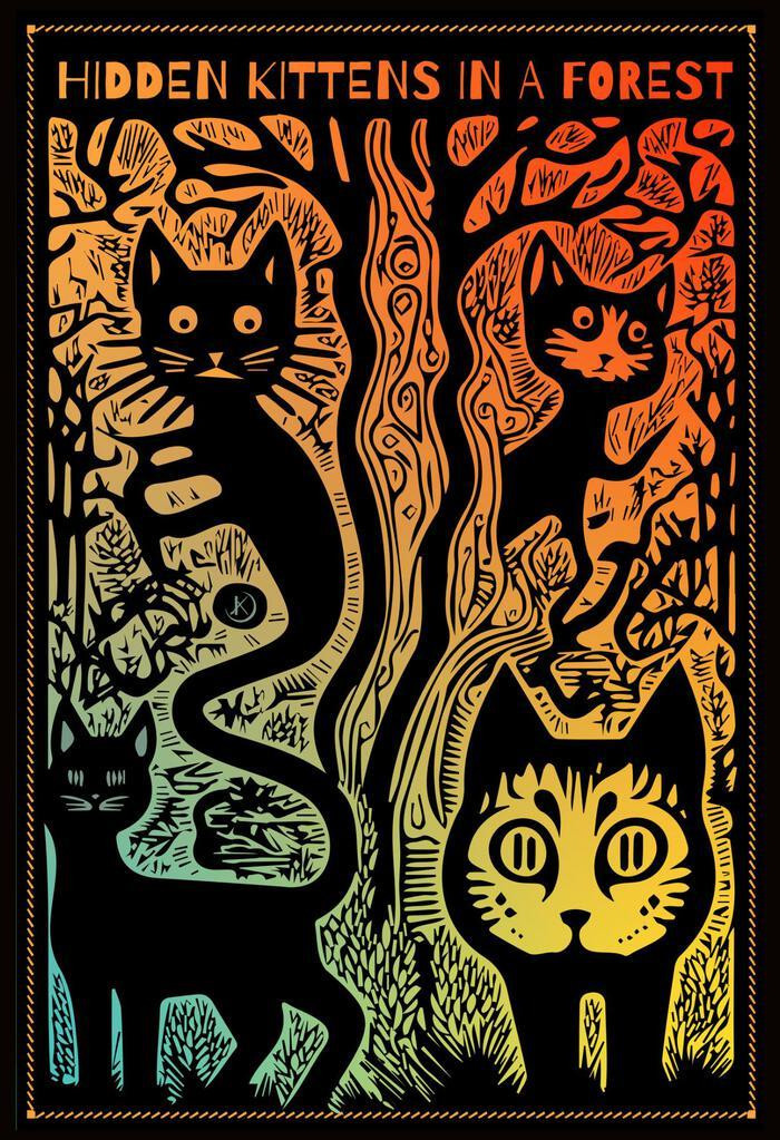 Laminated Hidden Kittens Forest Cat Art Vintage Woodcut Style