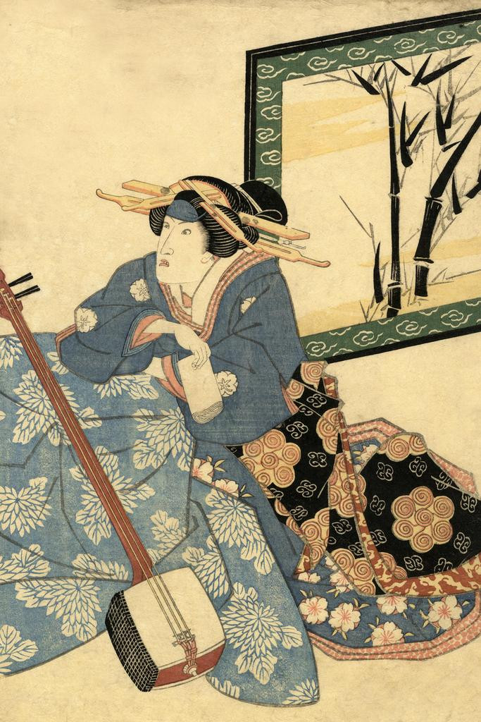 Traditional Japanese Woodblock Female Musician in Kimono Japanese