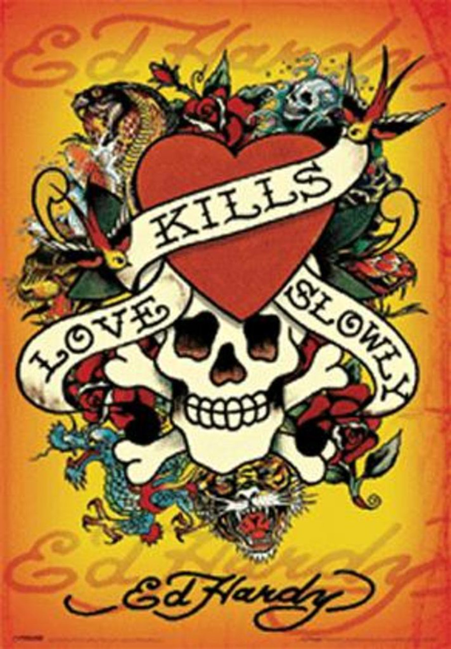 Ed Hardy Love Kills Slowly Tattoo Art Skull Crossbone Roses Heart