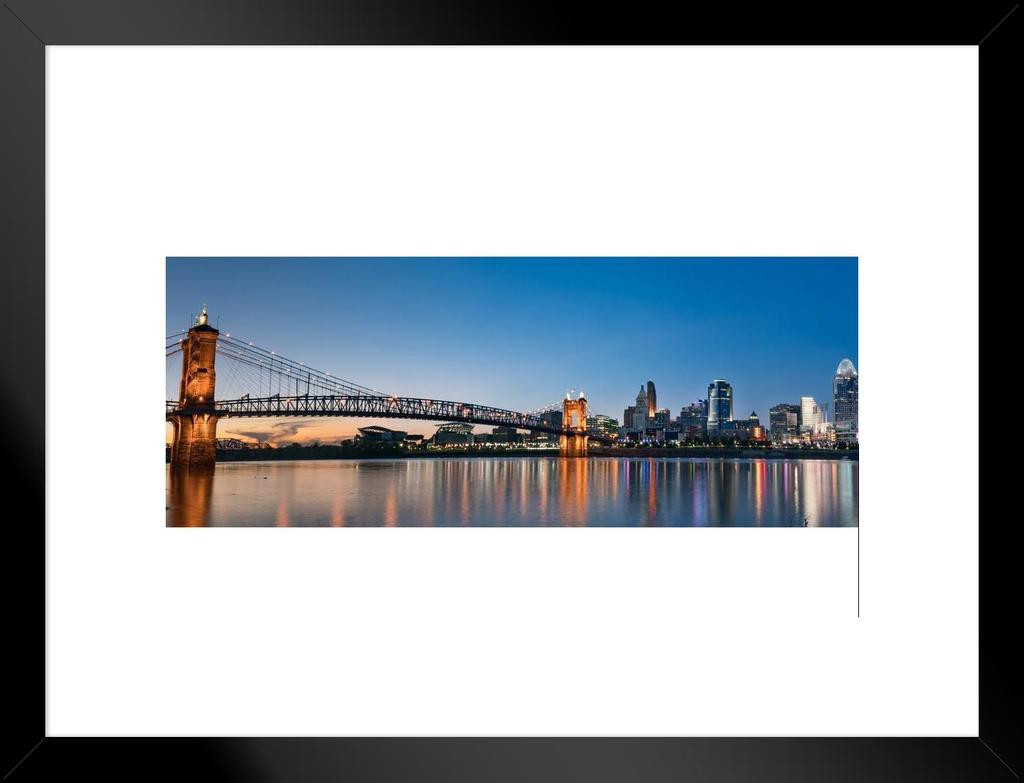 Cincinnati Ohio John Roebling Bridge At Night Illuminated Skyline Panoramic Photo Matted Framed Wall Art Print 26x20 Inch Poster Foundry