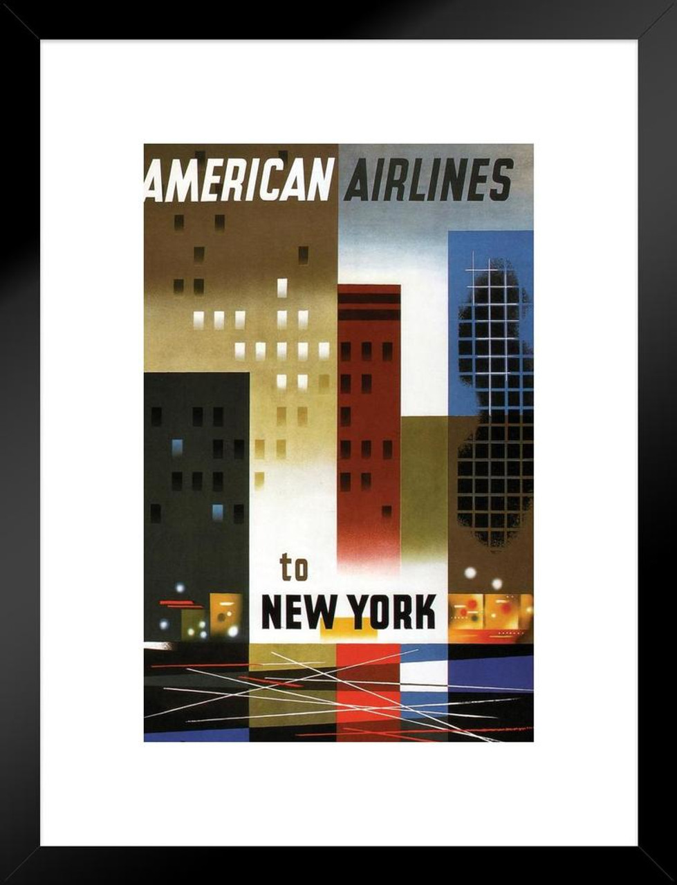 American Airlines To New York Vintage Travel Art Print Matted Framed Wall Art 20x26 Inch Poster Foundry