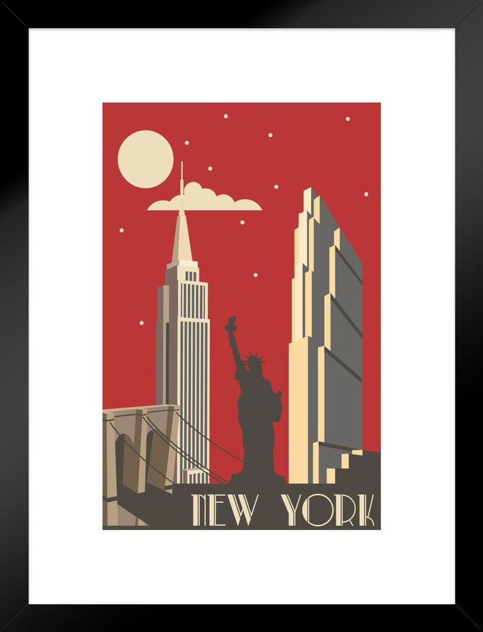 New York City Nyc Big Apple Retro Art Deco Travel Art Print Matted Framed Wall Art 20x26 Inch Poster Foundry