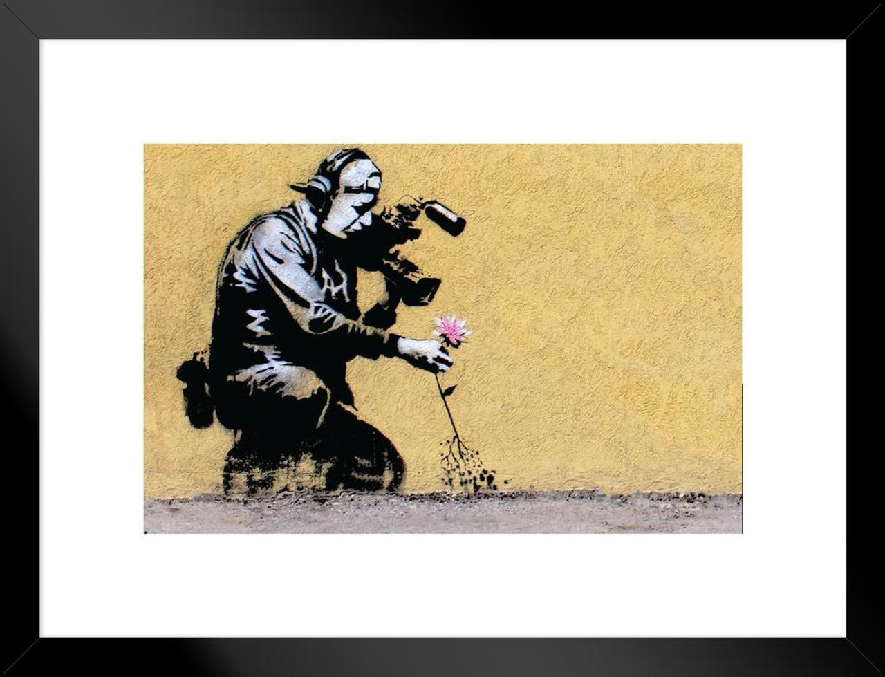 Banksy Camera Man and Flower Graffiti Stencil Street Art Urban Spray Paint  Matted Framed Poster 26x20 inch - Poster Foundry