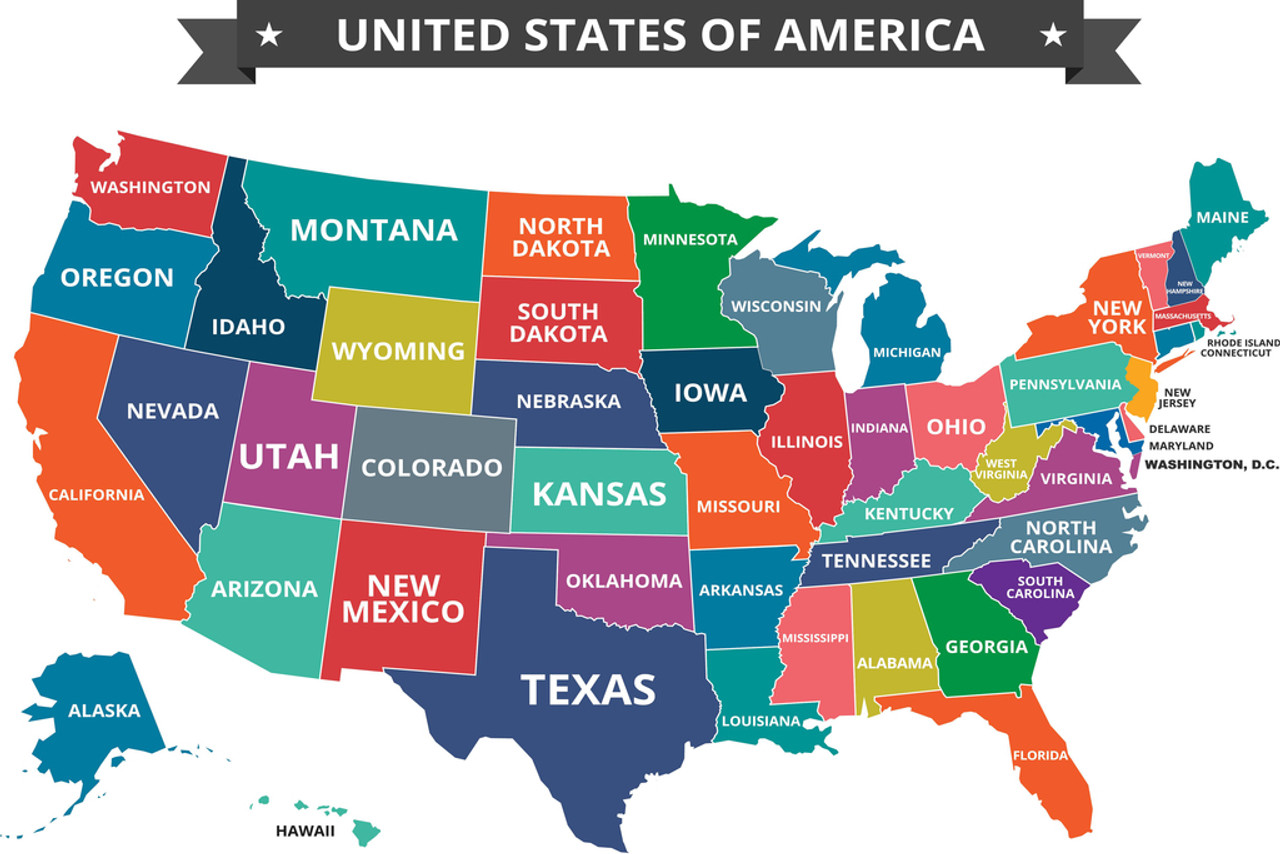 Multi Colored Map of the United States USA Classroom Educational Chart ...