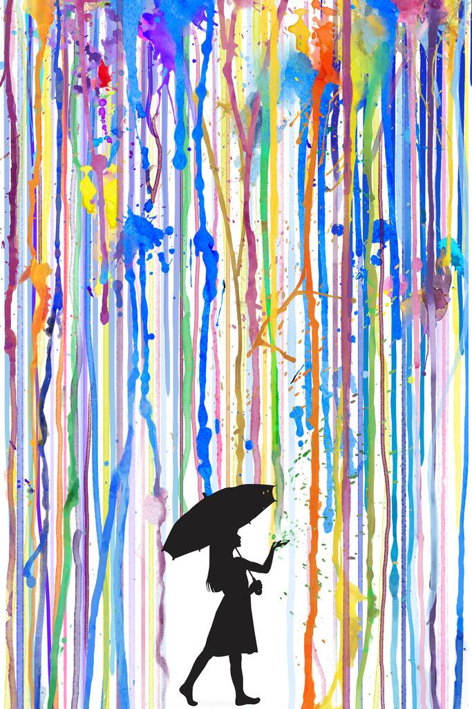 Girl With Umbrella Colorful Rainbow Rain Poster Black Silhouette